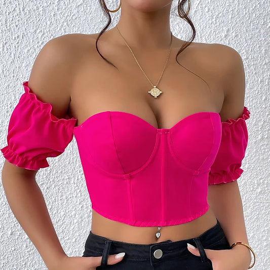 Low-cut babes sexy lace-up lotus leaf sleeve top fishbone waist short section c